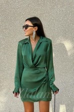 Zara Satin Effect Wrap Dress Mini Midi Green Draped S