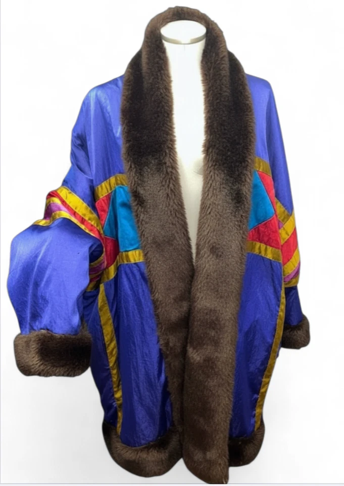 VTG Ann Tjian Kenar REVERSIBLE HEAVY COAT JACKET Satin Colorblock BROWN FUR sz M - Image 2 of 4