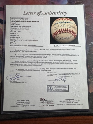 Rawlings Mickey Mantle Joe DiMaggio Reggie Jackson 3x Autographed Baseball JSA - Picture 10 of 13
