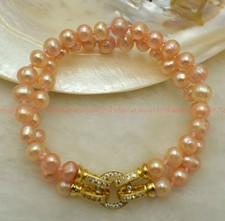 Pretty Natural 2 Rows 7-8/8-9mm Pink Freshwater Pearl Gemstone Bracelet 7-9in
