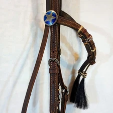Bridle Headstall Leather -Star Conchos Horse Hair Rawhide- Ring Snaffle Bit 5"