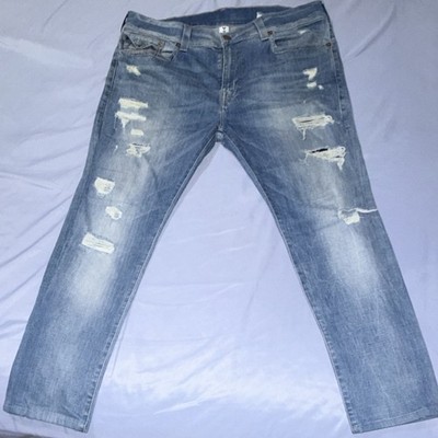 True Religion Relaxed Slim Straight Distressed Denim Jeans Blue Light Wash Logo