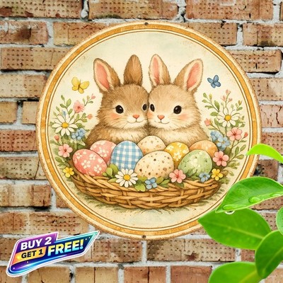 Easter Bunny and Egg Nest Pastel Metal Wall Plaque 8x12
