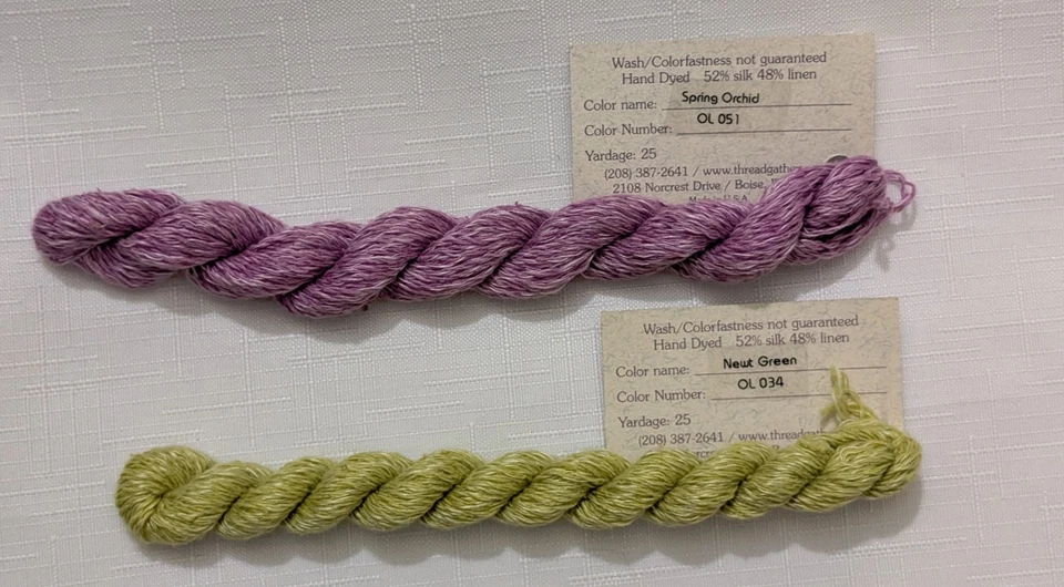 Thread Gather Oriental Linen 2 Skeins Spring Orchid and Newt Green - Image 2 of 3