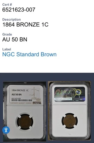 🔥1864 INDIAN HEAD CENT Bronze NGC AU50