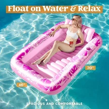 Inflatable Tanning Pool Lounger Float – L 70"x46" Water Raft with Pillow, Pink