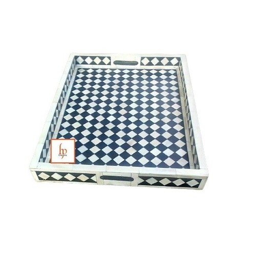 Handmade Bone Inlay Vintage Antique Decorative Rectangular Geometric Tray - Picture 6 of 12