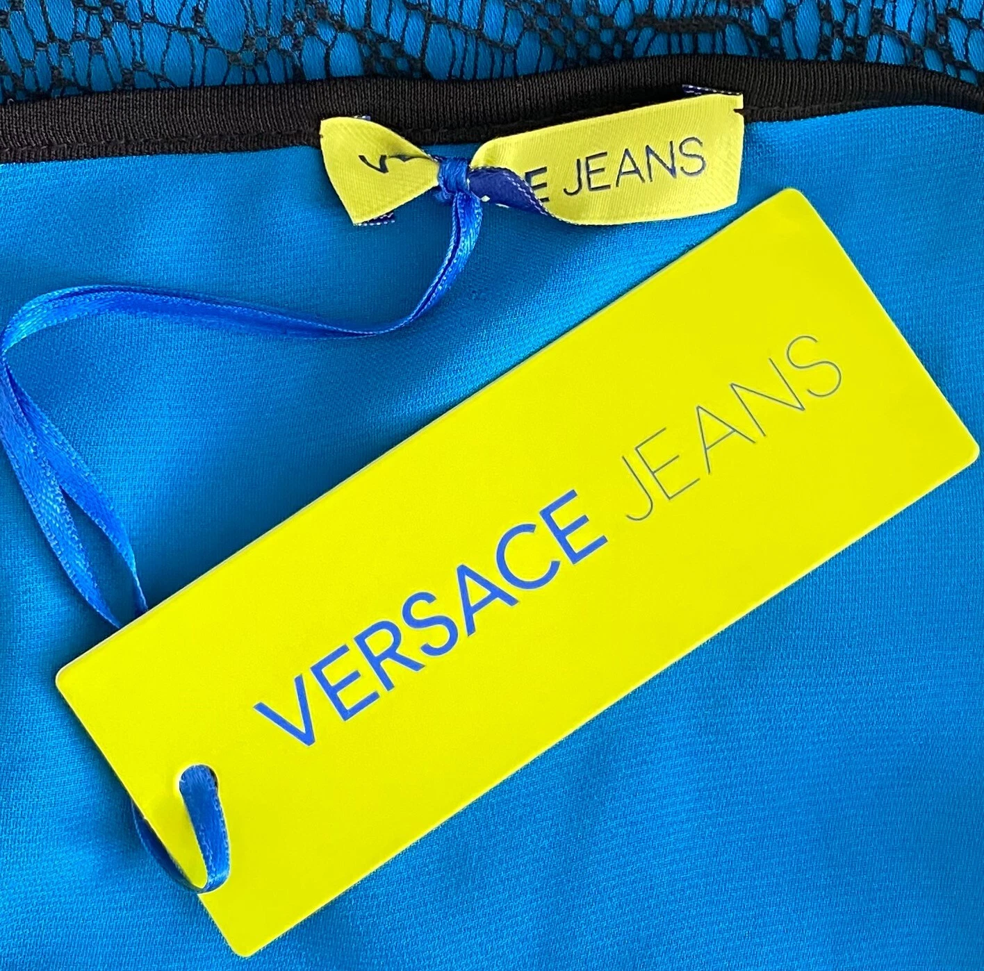 Nuovo con etichette! NUOVO! Autentico Abito Turchese Pizzo VERSACE JEANS IT 38 US 2 (S)