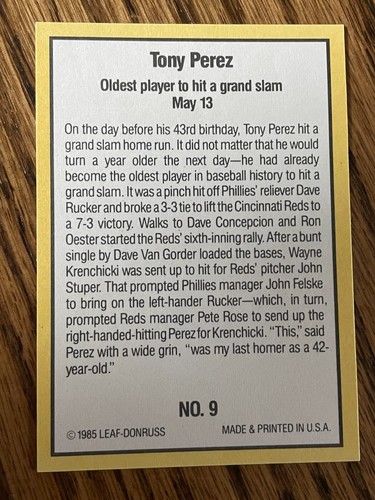 1985 Donruss Highlights #9 Tony Perez - Cincinnati Reds - Picture 2 of 2