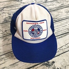Pro Fit Machinist Union Mens Trucker Hat OSFA White Blue Vtg 70s Flawed Cap