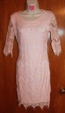 Ladies' Small WIGGLE DRESS (pink w/ lace overlay; zipper; 3/4 sleeves) EUC
