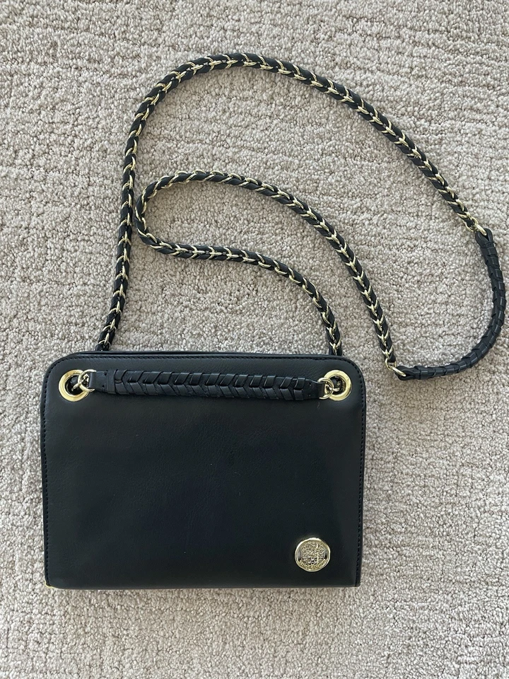 Vince Camuto Black Leather Shoulder Bag converts to Crossbody with Chain Strap