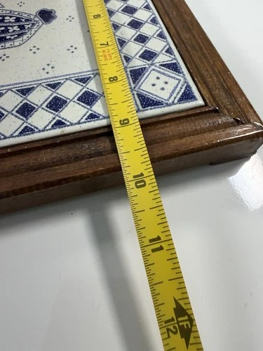 Vintage Piemme Blue & White Chicken Tile Trivet Wood Framed Farmhouse Wall Art image 8
