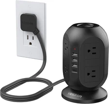 Surge Protector Power Strip Tower, TESSAN 10 Ft Flat Extension Cord with Multipl