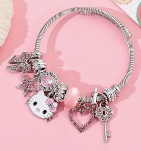 New Hello Kitty Pandora Inspired Charm Bracelet Silver Pink Charms Jewelry - Picture 8 of 9