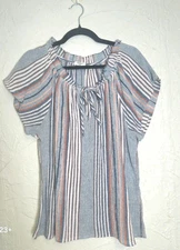 Dylan by True Grit™ Rae Down to Earth Stripe V Neck Cottage Prairie Shirt Sz L