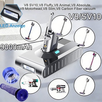 9Ah Akku + Filter Für Dyson V8 SV10 Animal Absolute Staubsauger mit LED Anzeige
