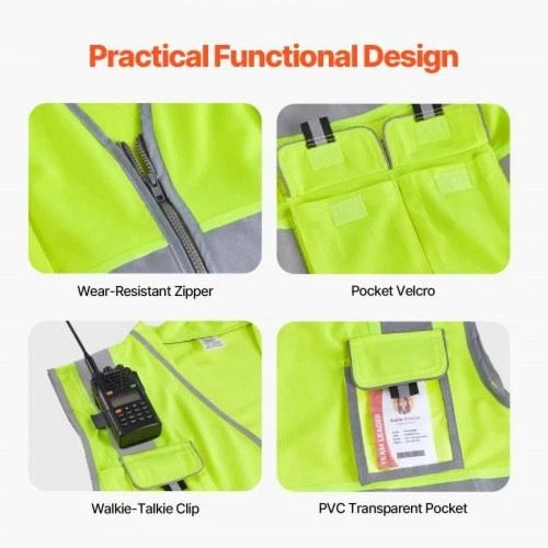 Safety Vest 10 Pockets Yellow Safety Vest High Visibility Zipper Front image 4