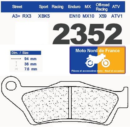 Plaquettes de frein Carbone Lorraine type 2352 A3+ en métal fritté pour moto