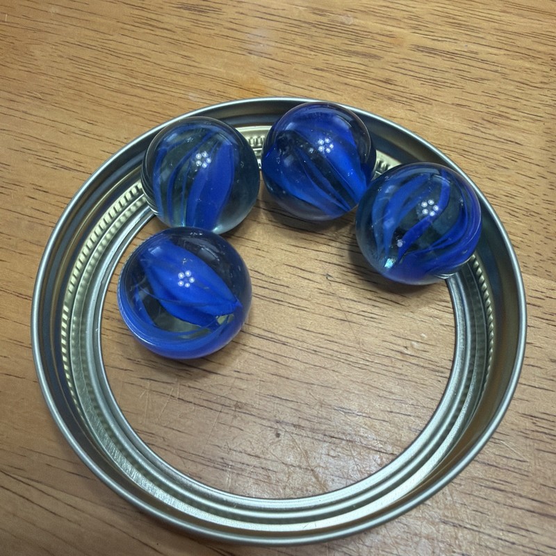 Vintage Lot Of 4 Blue Swirl Glass Shooter Marble 5/8”Inches