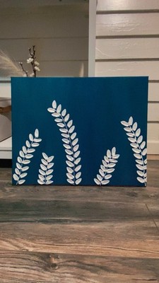 Minimalist Botanical Acrylic Painting on Canvas, Blue White Handmade Art