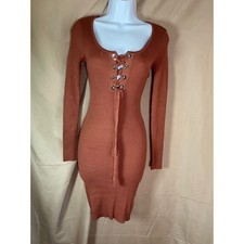 GBG Los Angeles Sweater Dress Womens Small Rust Excellent Ribbed Lace Up Front