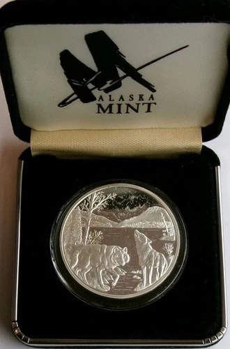 "NORTHERN WOLF" Alaska Great Seal 1 Oz .999 Silver Proof Round in Case