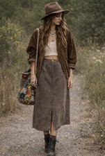 VTG Leather Maxi Skirt 14 P Taupe Brown Washable Suede Western Folk Indie Boho