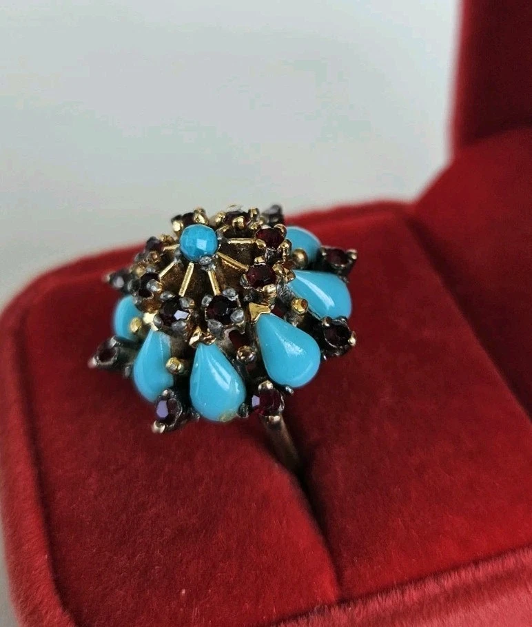 Vtg Victorian Sterling Silver Sleeping Beauty Turquoise & Garnet Ring Sz 5.5&11g - Image 2 of 4