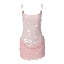 Robe Mini Bodycon Fluide à Bretelles Spaghetti Pailletée Femme Carré Soirée