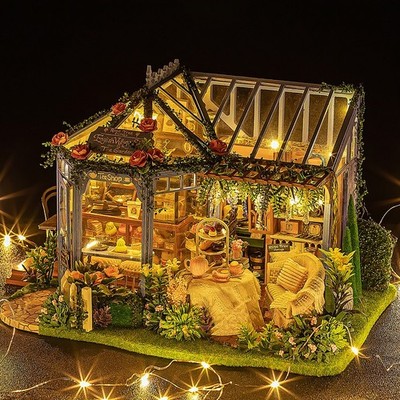 DIY Miniatur Puppenhaus Bausatz - ''Rosengarten Teehaus'' mit LED Licht & Spieluhr