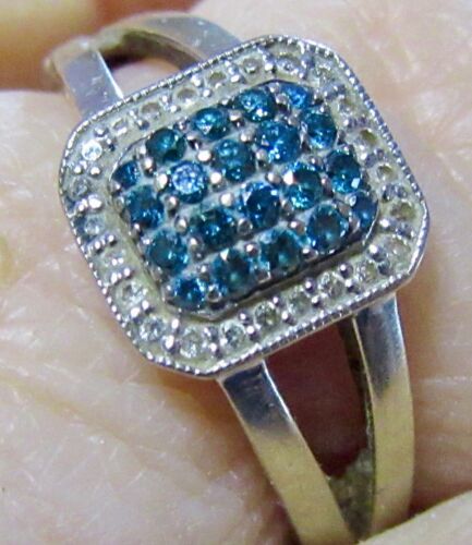 BLUE + WHITE BRILLIANT DIAMONDS 14K WHITE GOLD SZ 9.25 RING - Picture 1 of 8