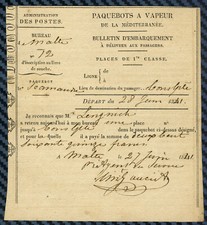 STEAM LINERS - ADMINIS. des POSTES / Billet MALTA-CONSTANTINOPLE - 1841