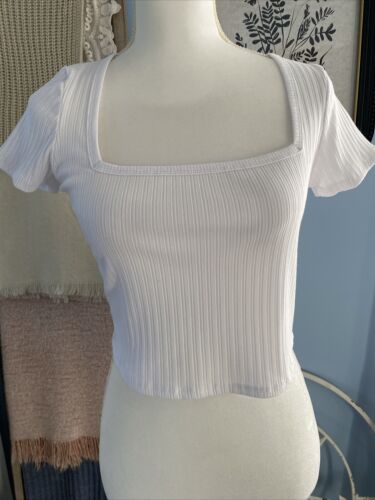 Bozzolo Crop Top Tee T-Shirt White Ribbed Short Sleeve Square Neck Large L NWT