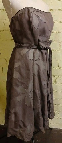 JOHN ROCHA strapless dress, UK 14, flared skirt, taupe/floral, lined, belt BNWT - Picture 2 of 12
