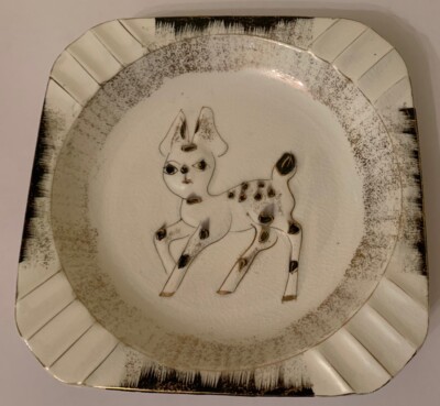 Vintage Square Ceramic Cigar Cigarette Ashtray White Gold Deer 9  MCM