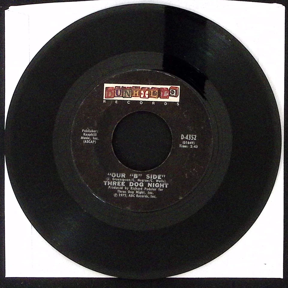 THREE DOG NIGHT "SHAMBALA"/"OUR B SIDE" DUNHILL RECORDS VINYL 45 VG 44-92 - Image 2 of 3