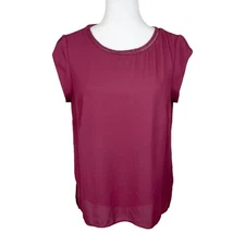 Daniel Rainn DR2 Blouse Women Medium Burgundy Short Sleeve Embellished Collar