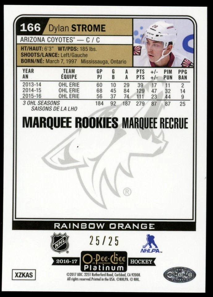 2016-17 O-Pee-Chee Platinum Dylan Strome Marquee Rookie Orange 25/25 #166 - Image 2 of 2