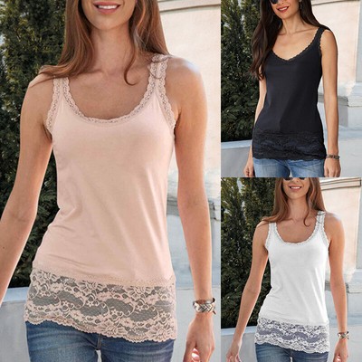 Ladies Plain Stretch Vest Top Floral Lace Trim Cami Tank Strappy Camisole  Lot | eBay