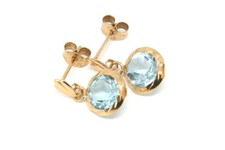 9ct Gold Blue Topaz Earrings 8mm round Drop Made in UK Gift Boxed Birthday Gift