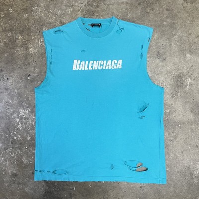 Balenciaga Unisex Heavily Distressed Cut Off Teal T Shirt