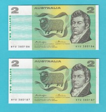 #T48.PAIR UNC 1976 AUSTRALIAN KNIGHT/ WHEELER PAPER $2 BANKNOTES #HYU 380186/7