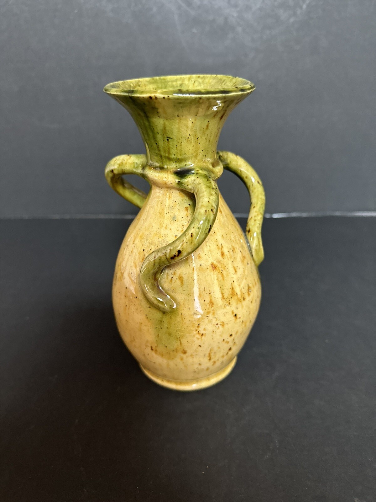 Signed Tri Handle Pottery Vase Grren Yellow Glaze Handmade Beautiful