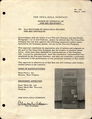 Coca-Cola Co. ephemera May 1962 Notice Pre-Mix Equipment Dixie Narco           