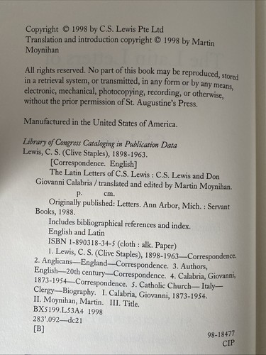Lateinische Briefe von C S Lewis und Don Giovanni Kalabrien 1999 Hardcover - Bild 4 von 4