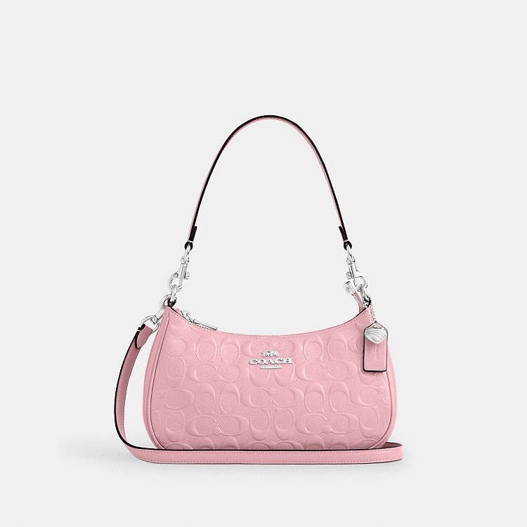Coach New Pink Signature C Leather Teri Shoulder Bag /Charm/silver