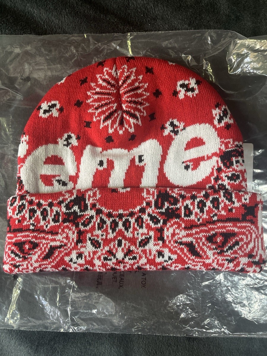 Supreme Bandana Big Logo Beanie Red White Black Men One Size