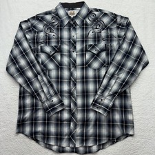Ely Cattleman Shirt Mens XL Black Gray Plaid Western Pearl Snap Embroidered