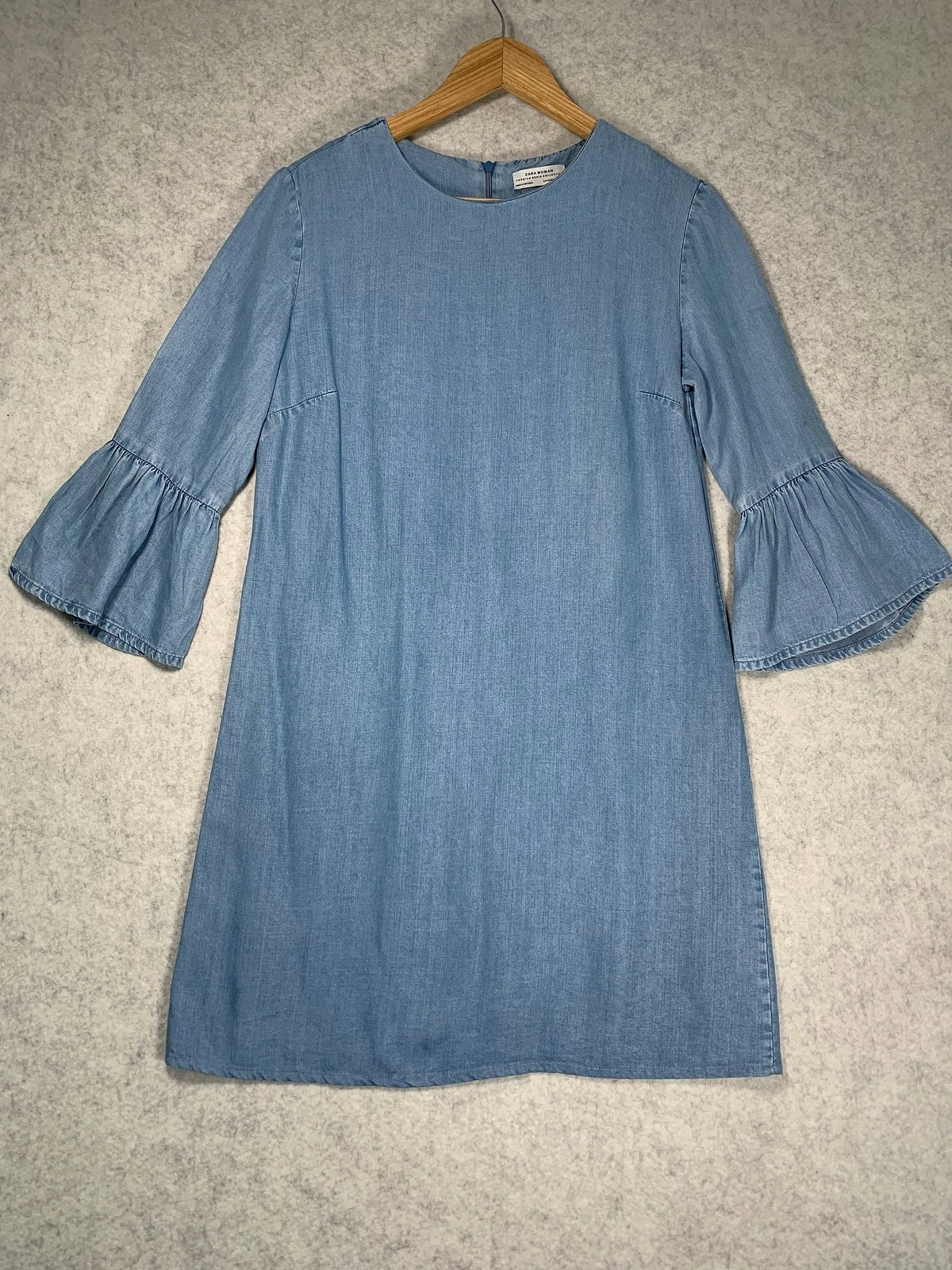 Zara Woman Light Blue Chambray Denim Fluted Sleeve Shift Dress Size XS